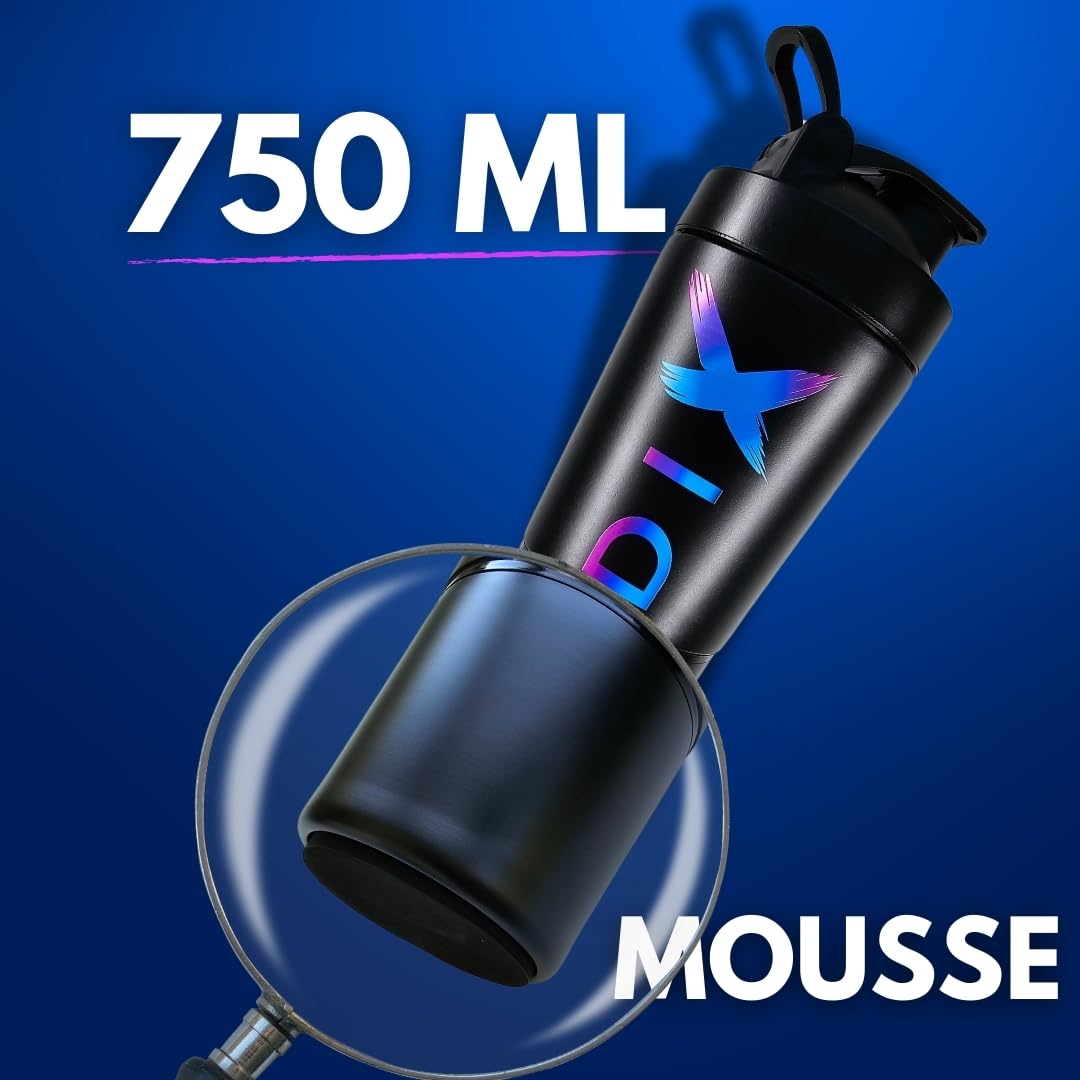 DIX SHAKER proteine 750 ml ✗ En Acier Inoxydable Avec Compartiment 60 gram pour poudre ✗ Bouteille Sport ✗ Sans BPA ✗ (NOIR)