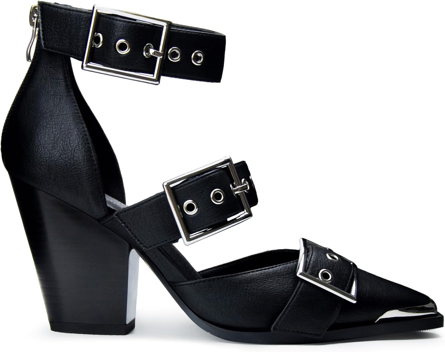 Western Sandals for Women Chunky Wedge Heels Pointed Toe Pumps Ankle Strap Metal Buckle Strappy Heels Comfortable Fashion Casual Dress Shoes