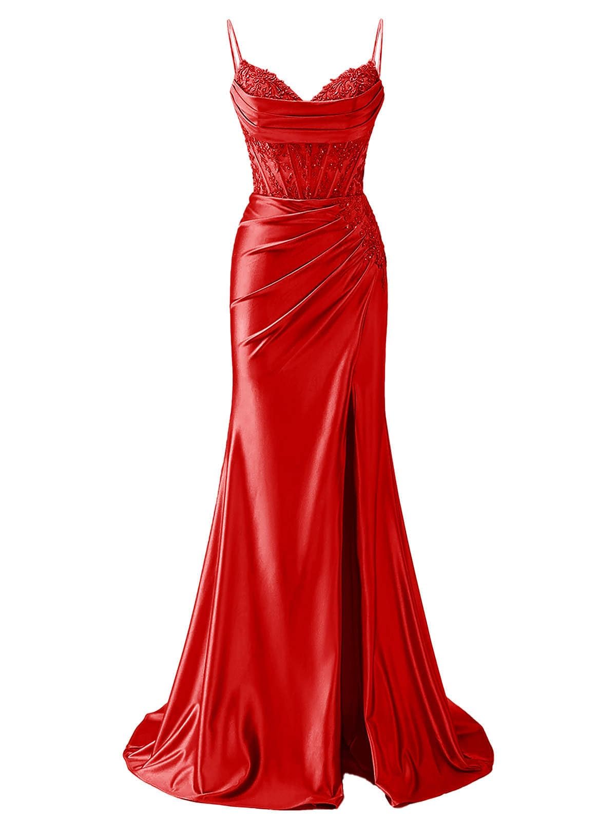 Hppee Women's Red Satin Prom Dresses For With Lace Applique V Neck Long Ball Gown Formal Evening Dress Uk6
