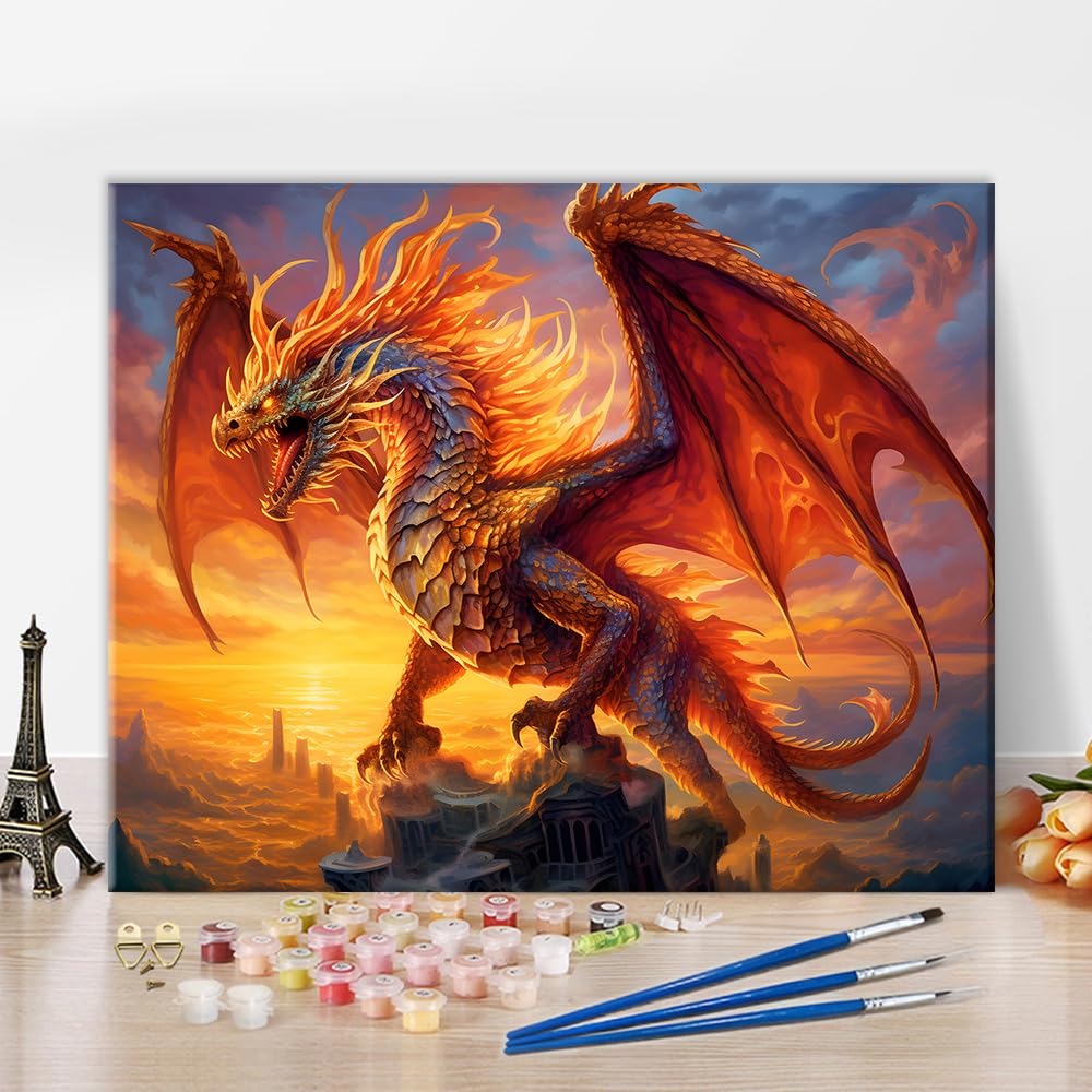 TUMOVO Dragon Paint by Numbers Adult Dragon on The Sunset Sky Paint by Number Kits Fantasy Oil Painting for Home Decor, Paint by Number with Brushes