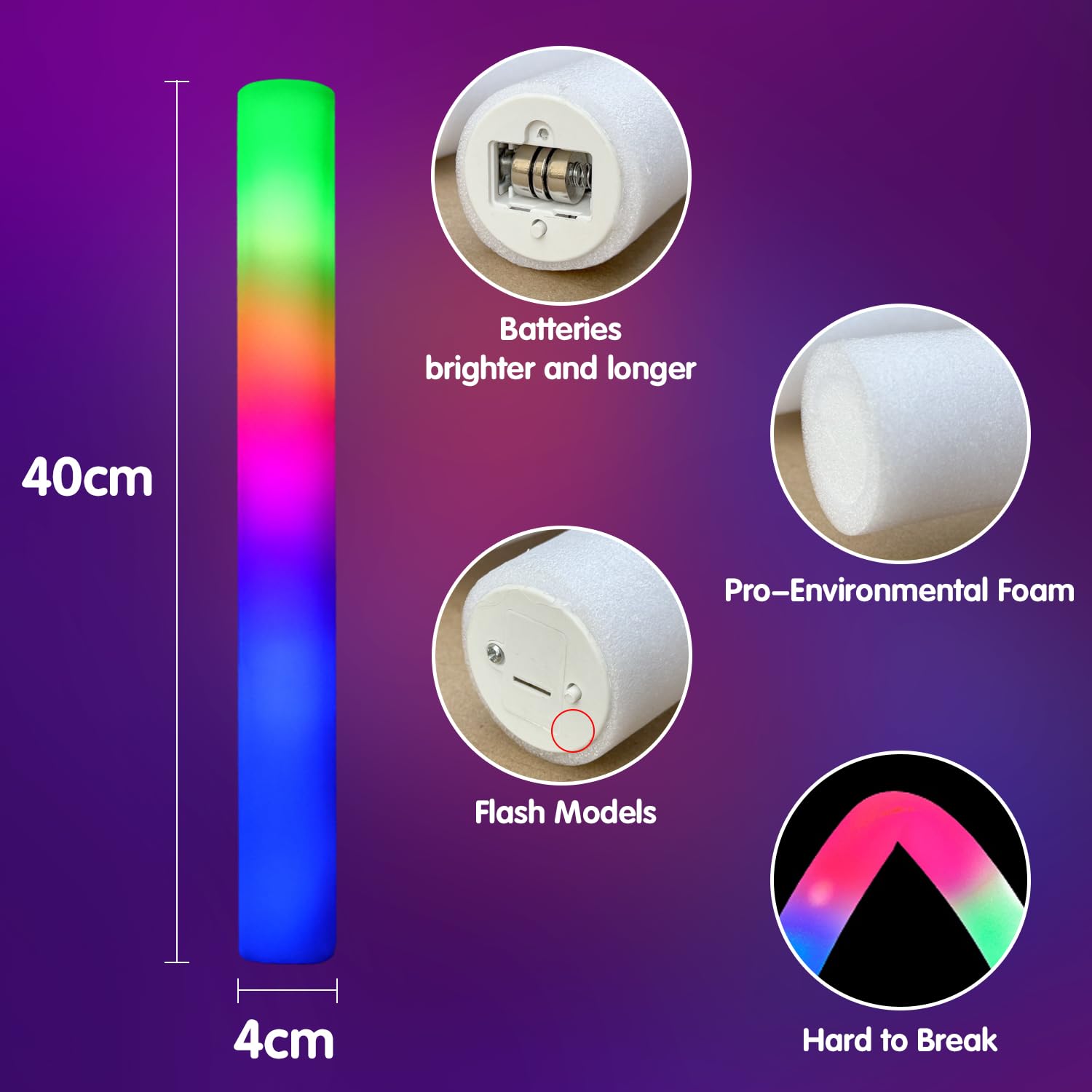 DoInFun 46 Pieces LED Foam Glow Sticks with 3 Mode Flashing Glow Sticks Bulk Pack Kids Party Bag Fillers for Halloween Christmas - Image 4
