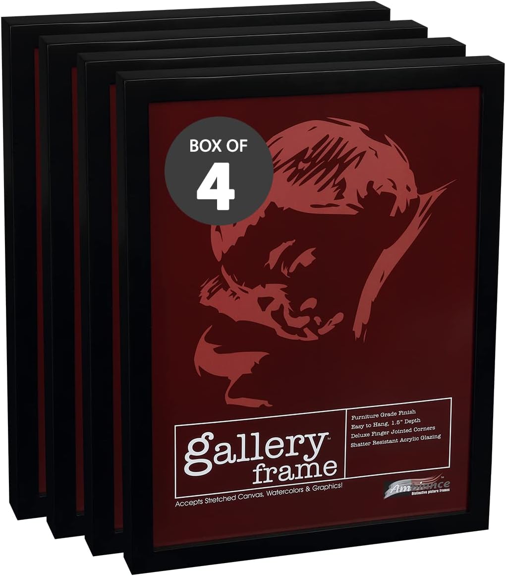 Ambiance Gallery Wood Picture Frame for Stretched Canvas, Artist Panels and Art Boards [Value Box of 4] 8x10" - Black