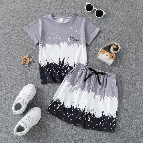 Kids Tween Boy Casual Clothing Set Letter Graphic Colorblock Tee +Shorts Summer Clothing Set2