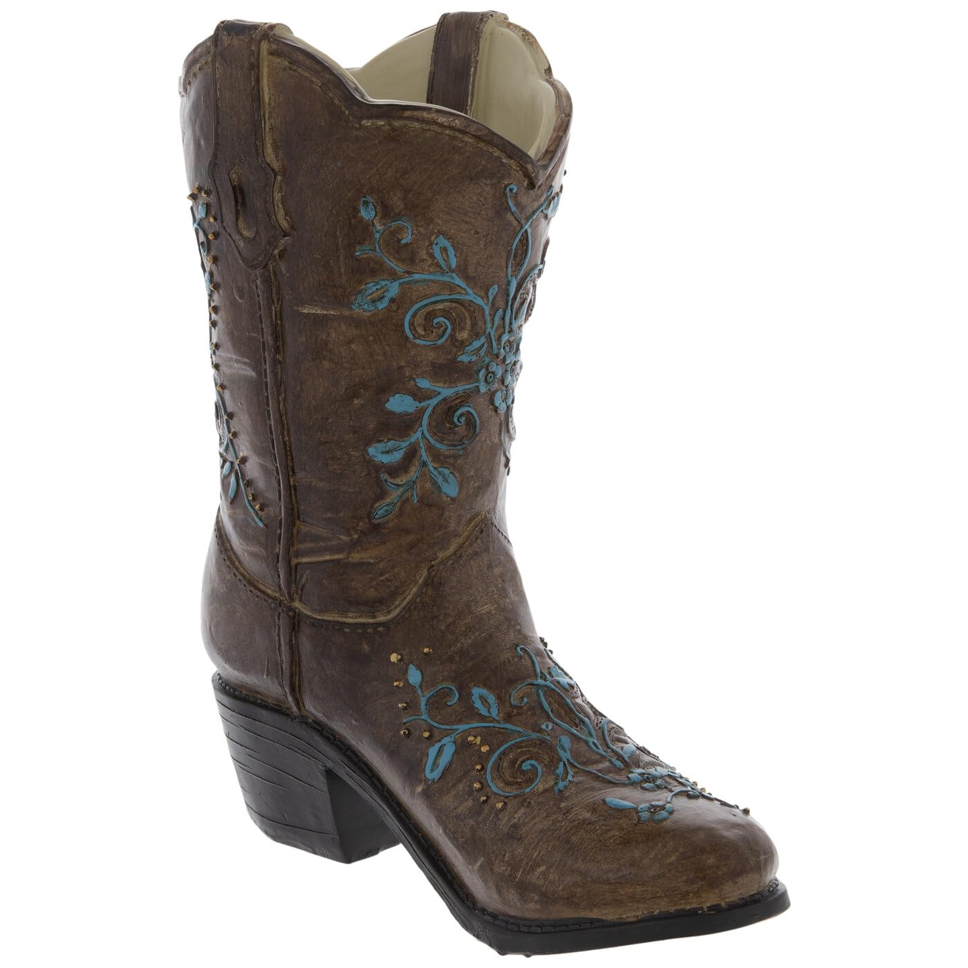 Hobby Lobby Brown and Turquoise Floral Cowboy Boot Vase, 9.56" H x 8.19" W, Faux Floral Centerpiece Vase (1, Brown & Turquoise Floral)