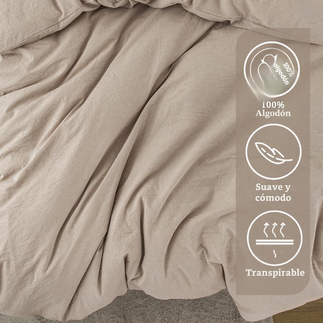 Juego de ropa de cama 135 x 200 cm, algodón beige/blanco, 2 piezas, suave, 100% algodón lavado, funda nórdica 135 x 200 cm y funda de almohada 80 x 80 cm