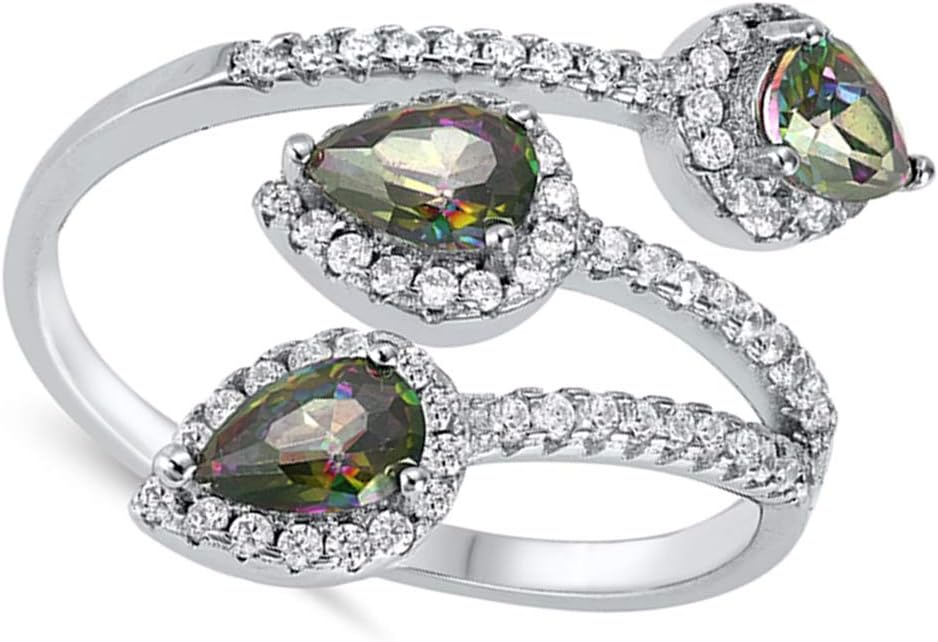 Rainbow Simulated Topaz Unique Open Elegant Teardrop Leaf Ring New .925 Sterling Silver Band Sizes 6-10