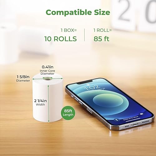 Miniatura 29 de MUNBYN Papel térmico de recibo de 2 1/4 pulgadas x 50 pies (5 rollos), papel de recibo sin BPA de 2.283 in, se adapta a todas las mini impresoras