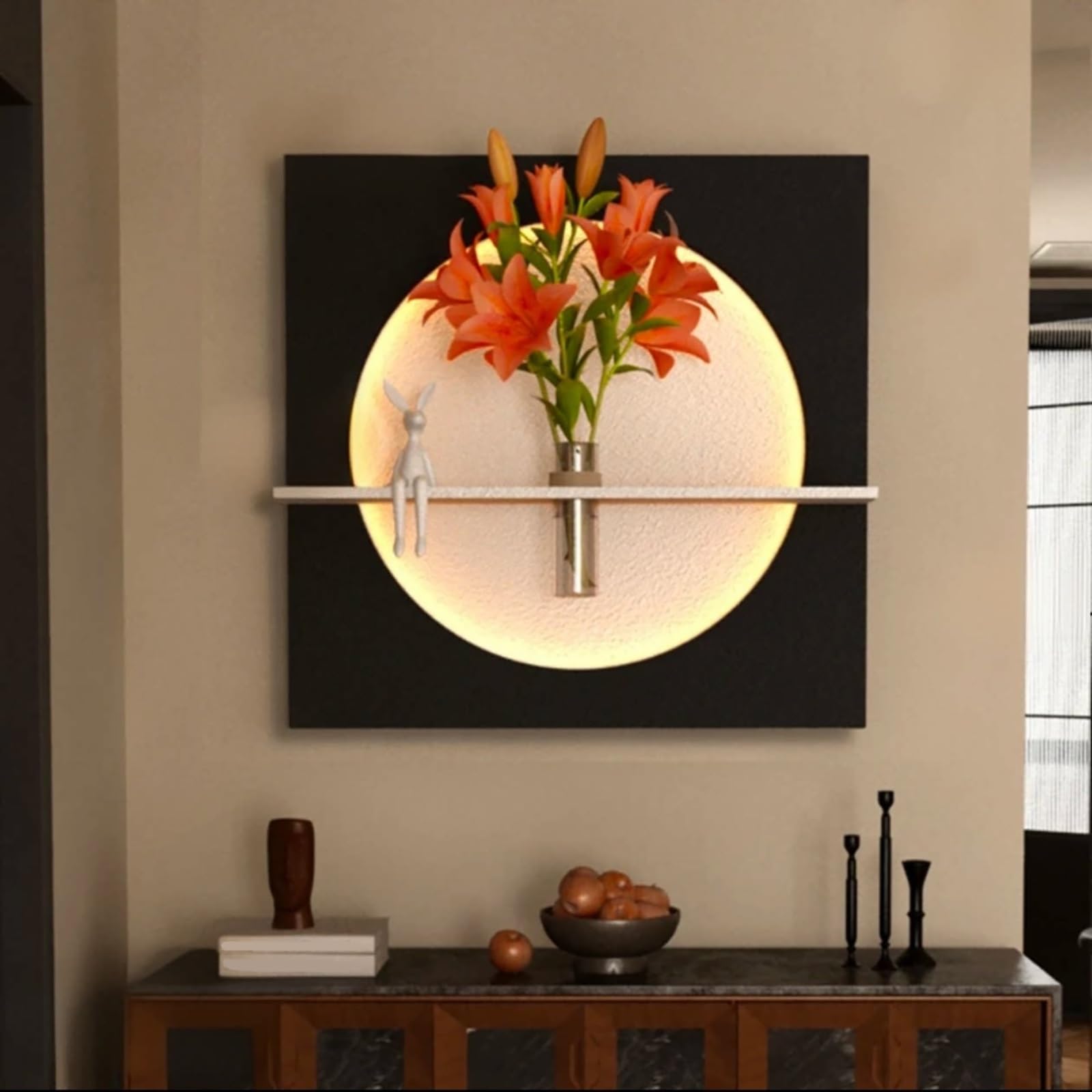 ZCQMSCWW 3D Sandstone Wall Art with LED Light, Plug-in Design,with Glass Vase for Hydroponic Plants, Hanging Mural for Living Room, Bedroom, and Entryway(A,70 * 70cm/27.5 * 27.5in)