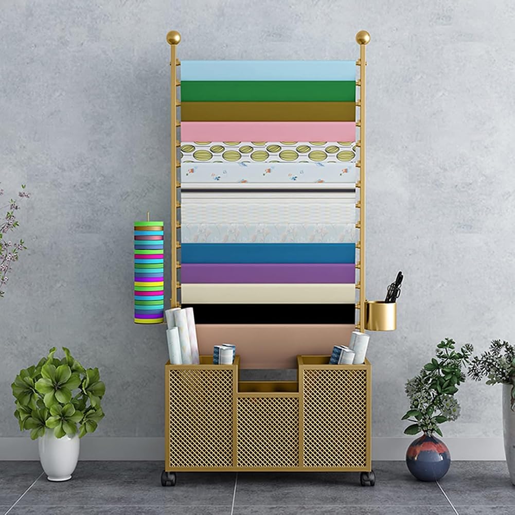 KK-GAL Rolling Flower Market Wrapping Paper Display Stand, Freestanding Wrapper Paper Holder Rack, Heavy Duty Steel Organiser Holder with Wheels for Vinyl Spool, with Adjustable Bars,Gold 120cm