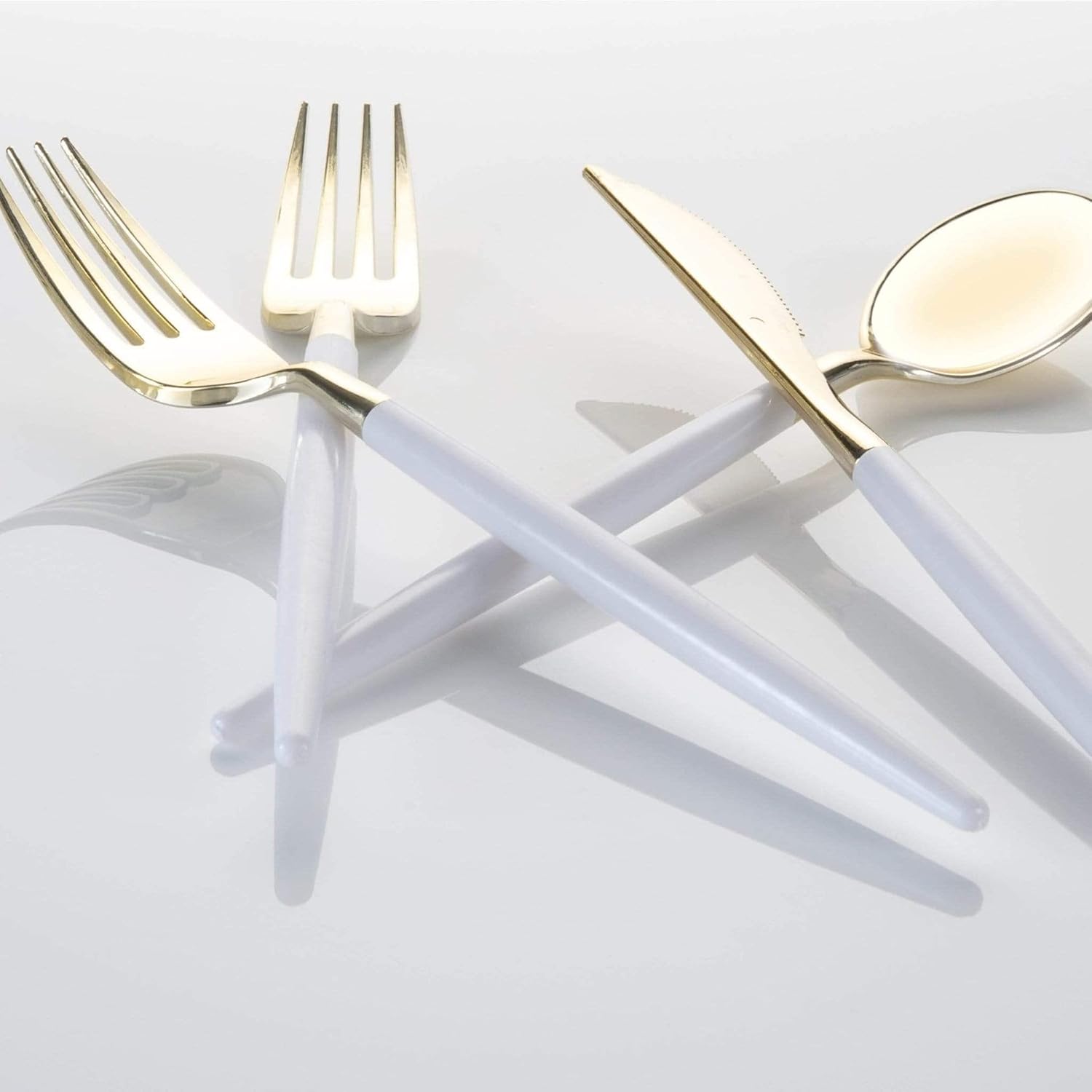 Luxe Party 128 Pieces Two Tone Plastic Disposable Cutlery | Forks-Spoons-Knives | Full Size | Chic Round | White and Gold