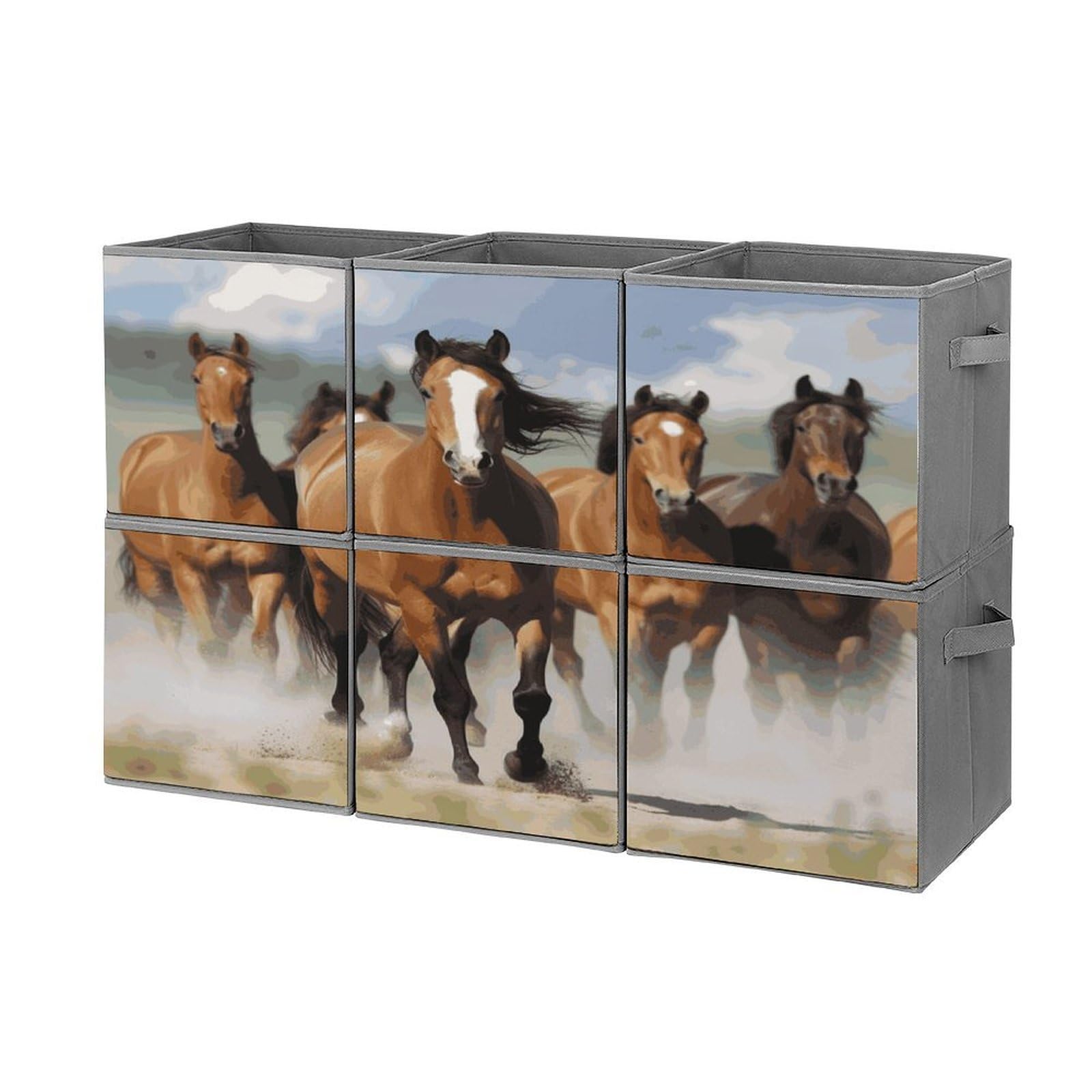 Btcowzrv Style Horses Storage Cubes, 6 Pack Oxford Fabric Foldable Collapsible Bins With Handles, Cubby Storage Baskets Boxes For Closet Shelves Office Organization