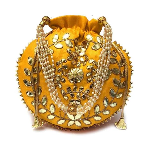 Zoya Gems & Jewellery Women’s Handbag, Wedding Potli Bag, Evening Bags, Designer Silk Potli Bag, Yellow Potli Bag Purse, Indian Ethnic Potli Bag, Gota Patti Handbag