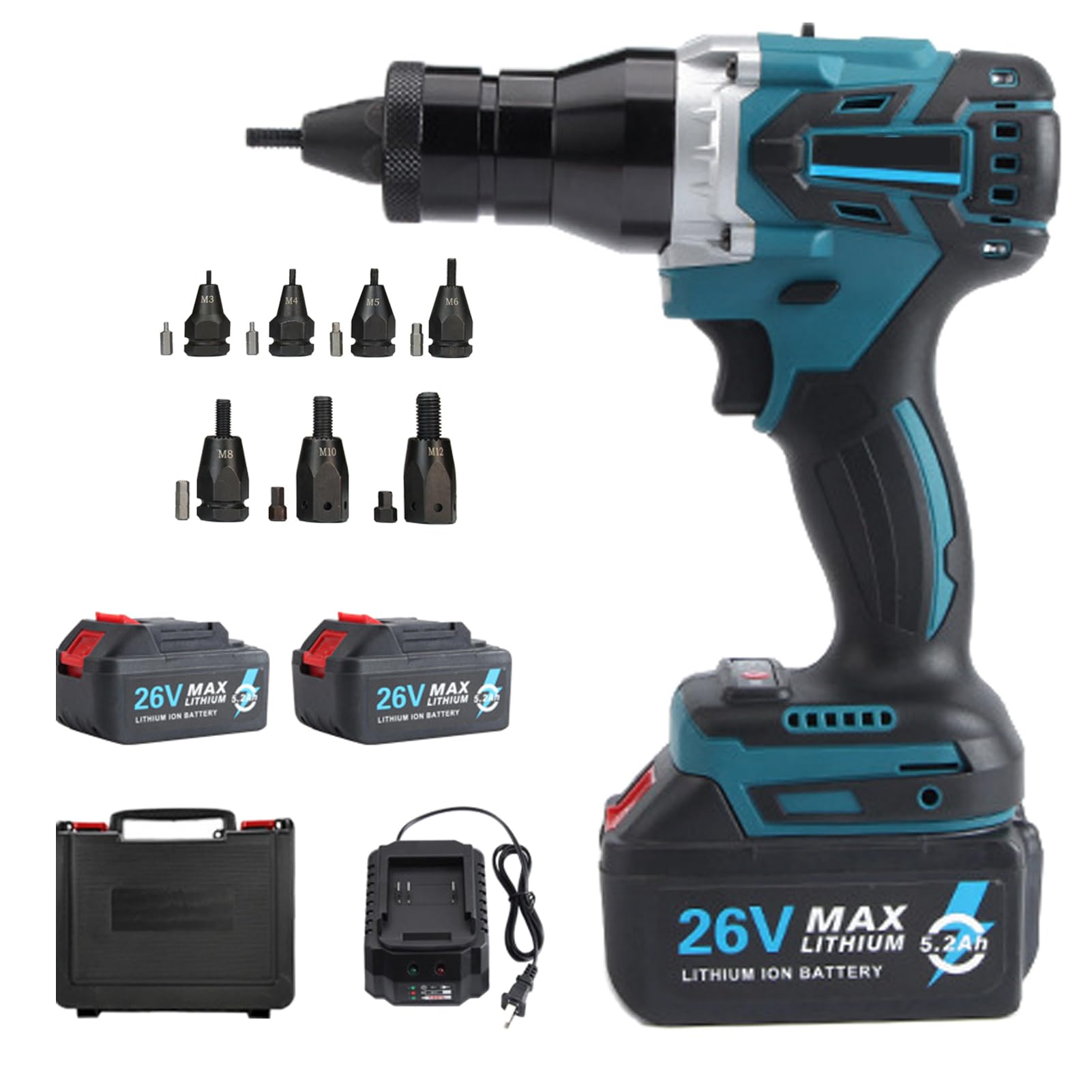 Rivettatrice a batteria professionale 26V 5200mAh, pistola per rivetti senza spazzole per dadi M3/M4/M5/M6/M8/M10/M12 e inserti filettati, kit completo con batteria e custodia (5200mAh, 2 Batteria)