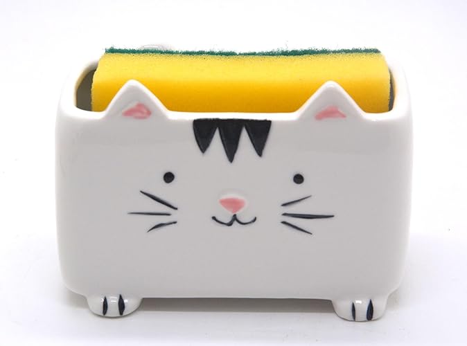 MONMOB Cat Sponge Holder - Cute Kitchen Accessories and Home Decor - Ceramic Holder for Women - Ideal Birthday and Valentine's Day Gift