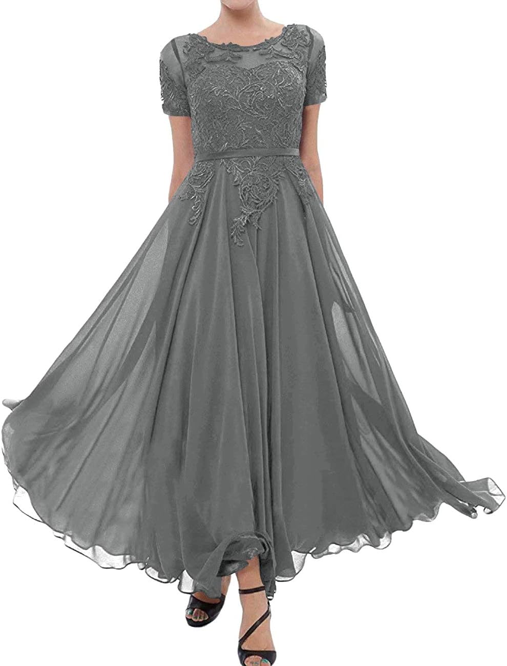 H.S.DTea Length Mother of The Bride Dresses Lace Evening Formal Dress Short Sleeve Wedding Guest Groom Dress Applique Women's