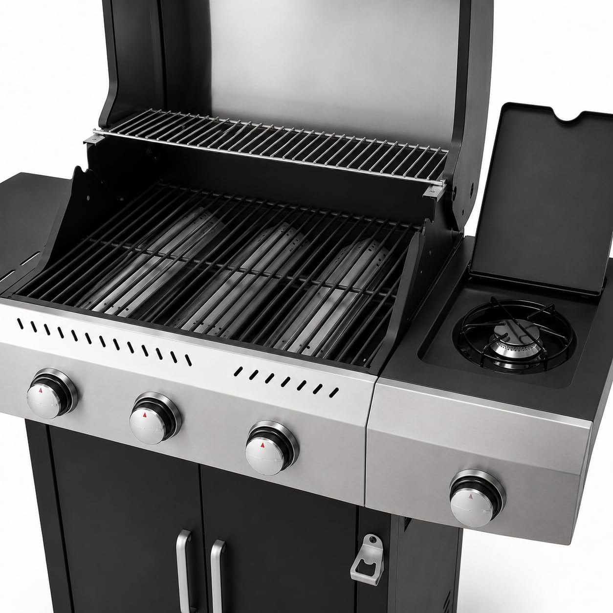 Barbecue a Gas Professionale XXL Da 13 kW con 4 Bruciatori in Acciaio Inox 304 Con Fuoco Laterale Termometro Coperchio Doppio Griglia Di Cottura 65 x 42 Cm Scaldavivande Ruote 135 × 50 × 120 Cm Nero