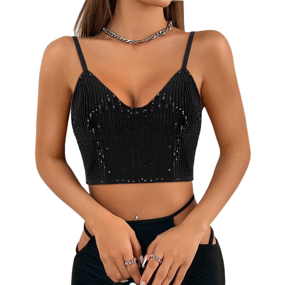 HaoohuWomen's Sparkly Sequin Spaghetti Strap Crop Top Sleeveless V Neck Rave Tank Vest Clubwear