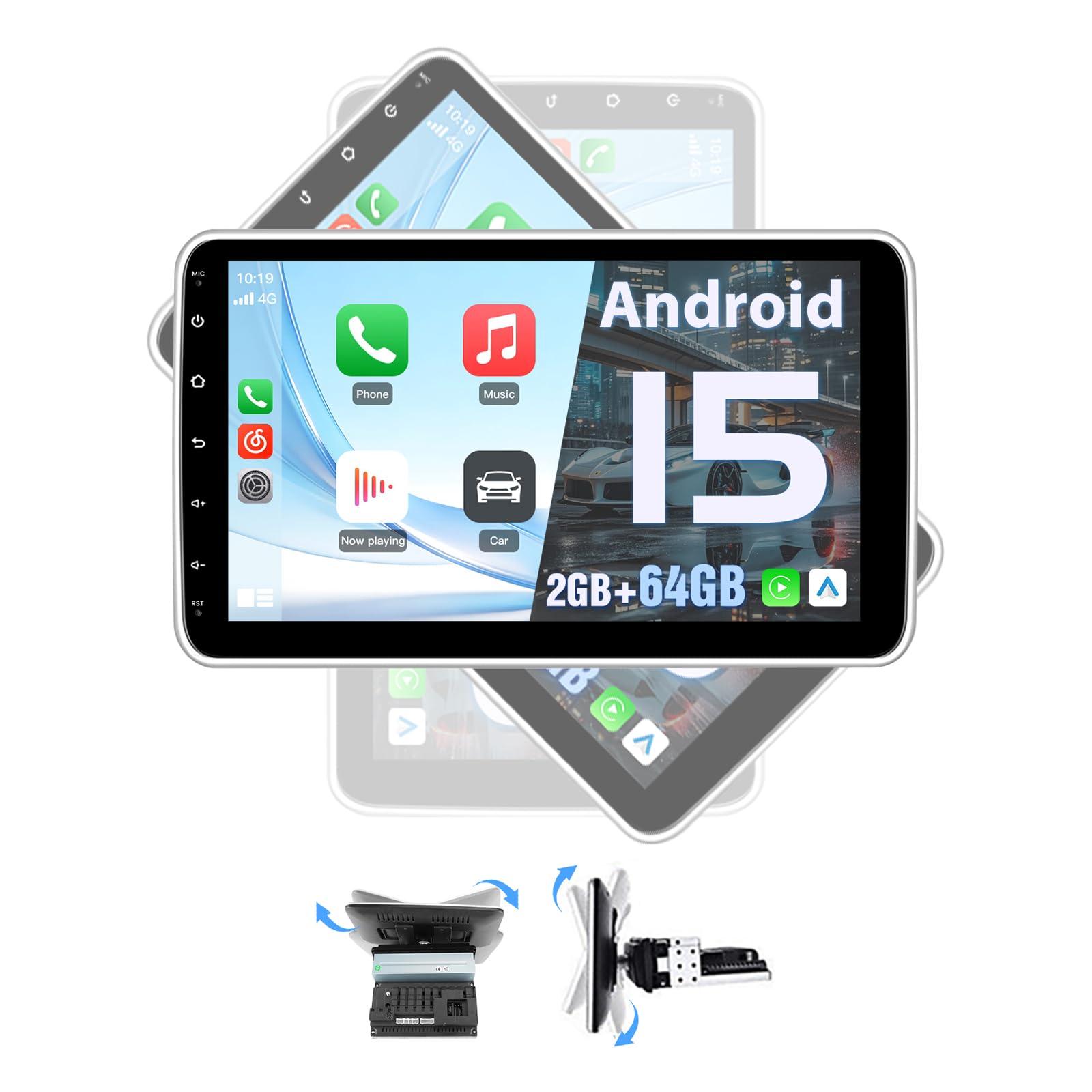 Junsun Radio Coche 1 DIN Android 15 con Pantalla Táctil IPS de 10,1", CarPlay y Android Auto Inalámbrico, Autoradio Giratoria y Desmontable con WiFi, Bluetooth, Mirror Link y FM