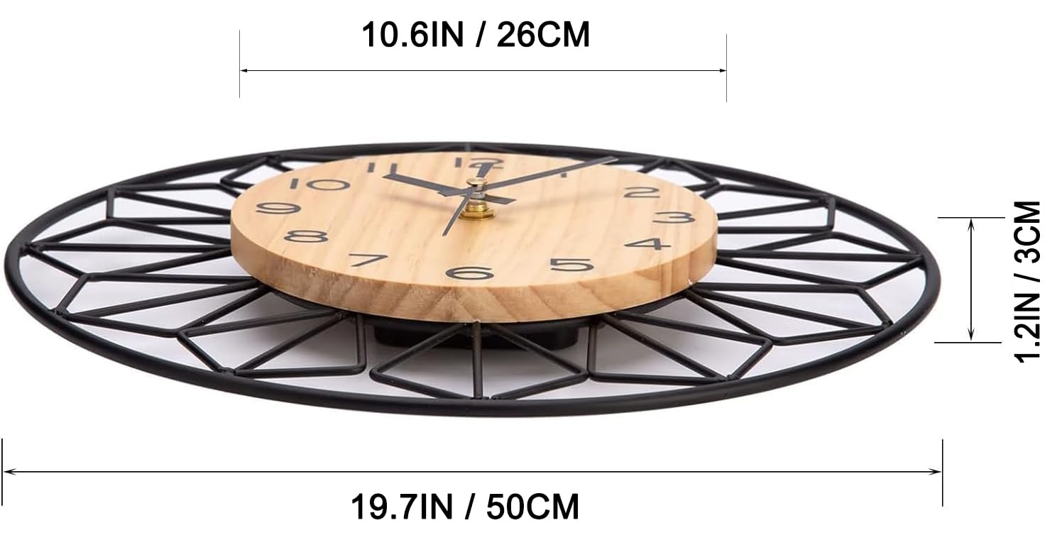 VIVILINEN Horloge Murale Géante en Bois et Métal 50cm Horloge Murale Silencieuse sans Tic-Tac Design Moderne pour Salon Chambre Cuisine Bureau Grande Pendule Murale