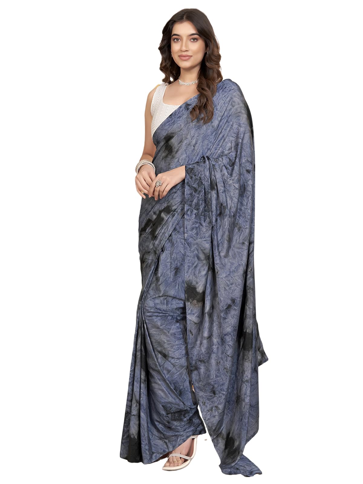 Satrani Women's Georgette Printed Ready To Wear Saree With Unstitched Blouse Piece (16Rs133N_Grey)