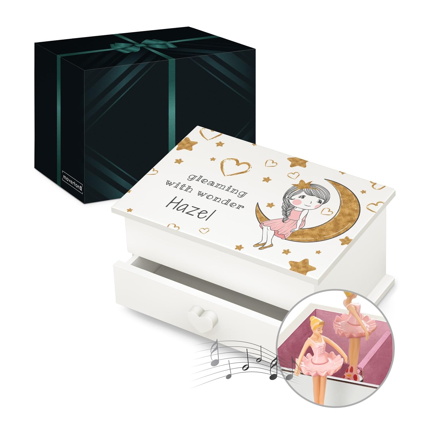 Maverton Personalised Ballerina Box for little princess - Treasure Box with Drawer for girl - Wooden Jewellery Box with overprint - Customised White Organiser for Birthday for her - Moon