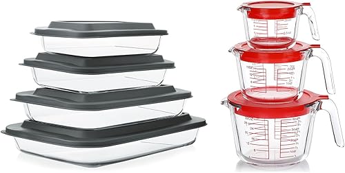 Juego de 8 platos para hornear de vidrio profundo con tapas y 6 tazas medidoras de vidrio con tapas, para cocinar, cocina