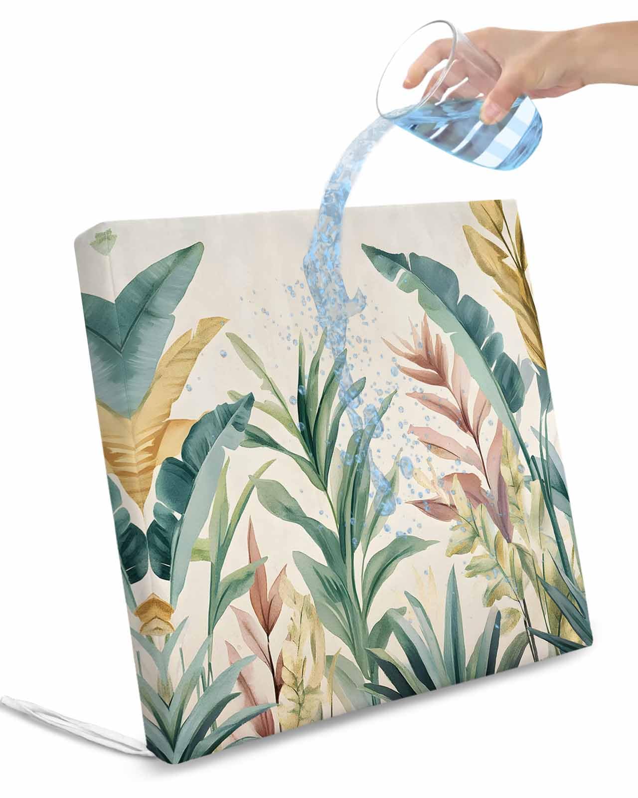 2 Pack Green Tropical Leaves Waterproof Cushion Covers with Ties, Outdoor Patio Chaise Lounge Chair Seat Cushion Slip Covers Replacement(Only Cover) Summer Botanical Beige 22