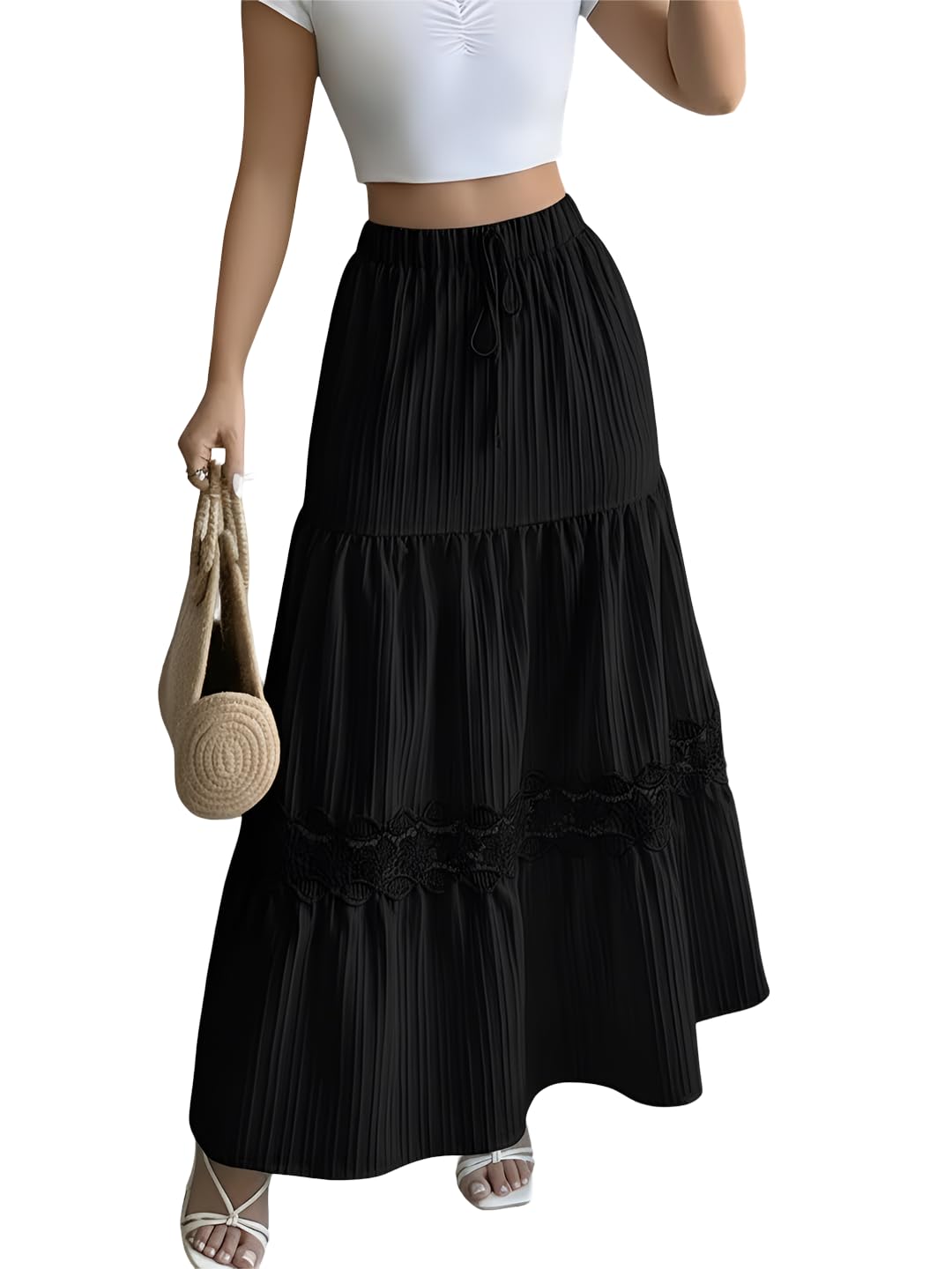 kzully | Skirt for Women | Pleated Tiered Maxi Skirt | Elastic Drawstring Waist | Lace Trim Detail-picture-14