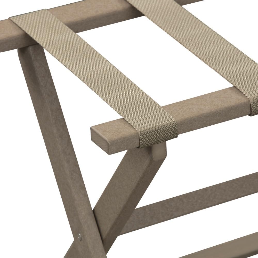 HomeRoots Earth Friendly Taupe Folding Luggage Rack with Dark Tan Straps