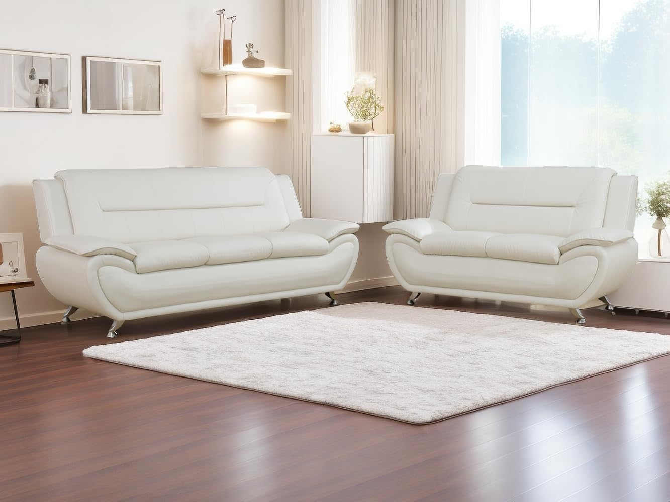 Leather 2 Piece Sofa Set, Sectional Couch, Modern Sofa for Living Room, Bedroom - B-Creamy White