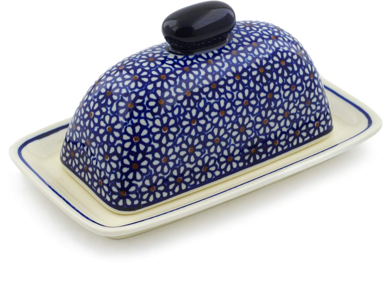 Polish Pottery Market Polmedia 7-inch Stoneware Butter Dish H2878D Hand Painted from Zaklady Ceramiczne in Boleslawiec Poland. Shape S399C(GU1377) Pattern P1373A(120)