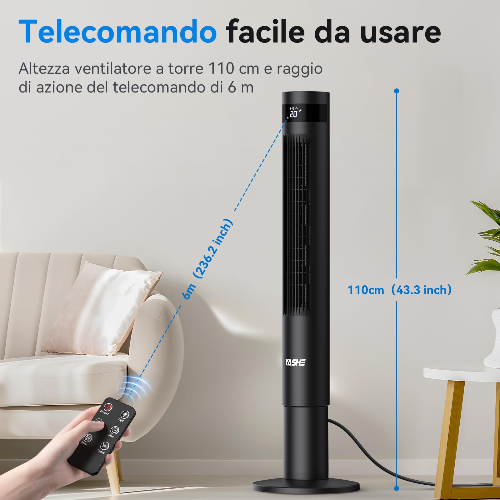 YASHE 43'' Ventilatore a Torre, 85° Oscillazione Ventilatore Senza Pale, 28dB Ventilatore a Torre Silenzioso, 3 Velocità 3 Modalità di Ventilazione, Ventilatore a Colonna con Telecomando