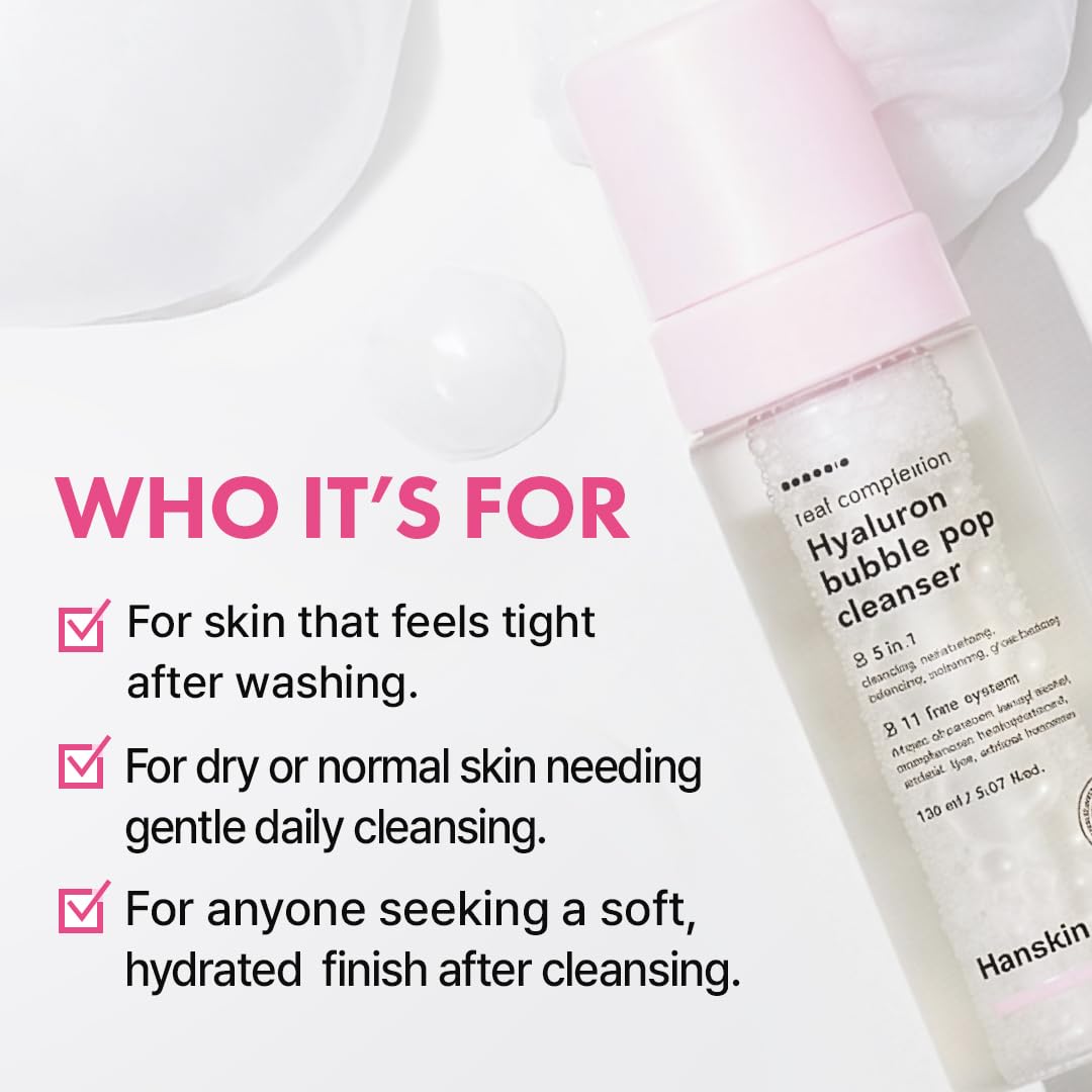 Hanskin Hyaluron Bubble Pop Cleanser z prawdziwą cerą, nawilżający, piankowy codzienny płyn do mycia twarzy, delikatne nawilżanie, zmiękczanie i rozjaśnienie, 150 ml