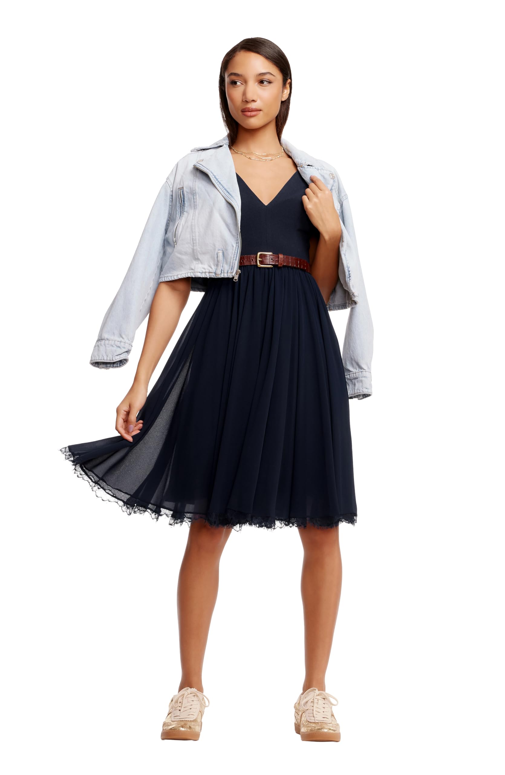 Dress the Population Sukienka damski Corey Plunging Mix Media Cap Sleeve A-line Midi Dress