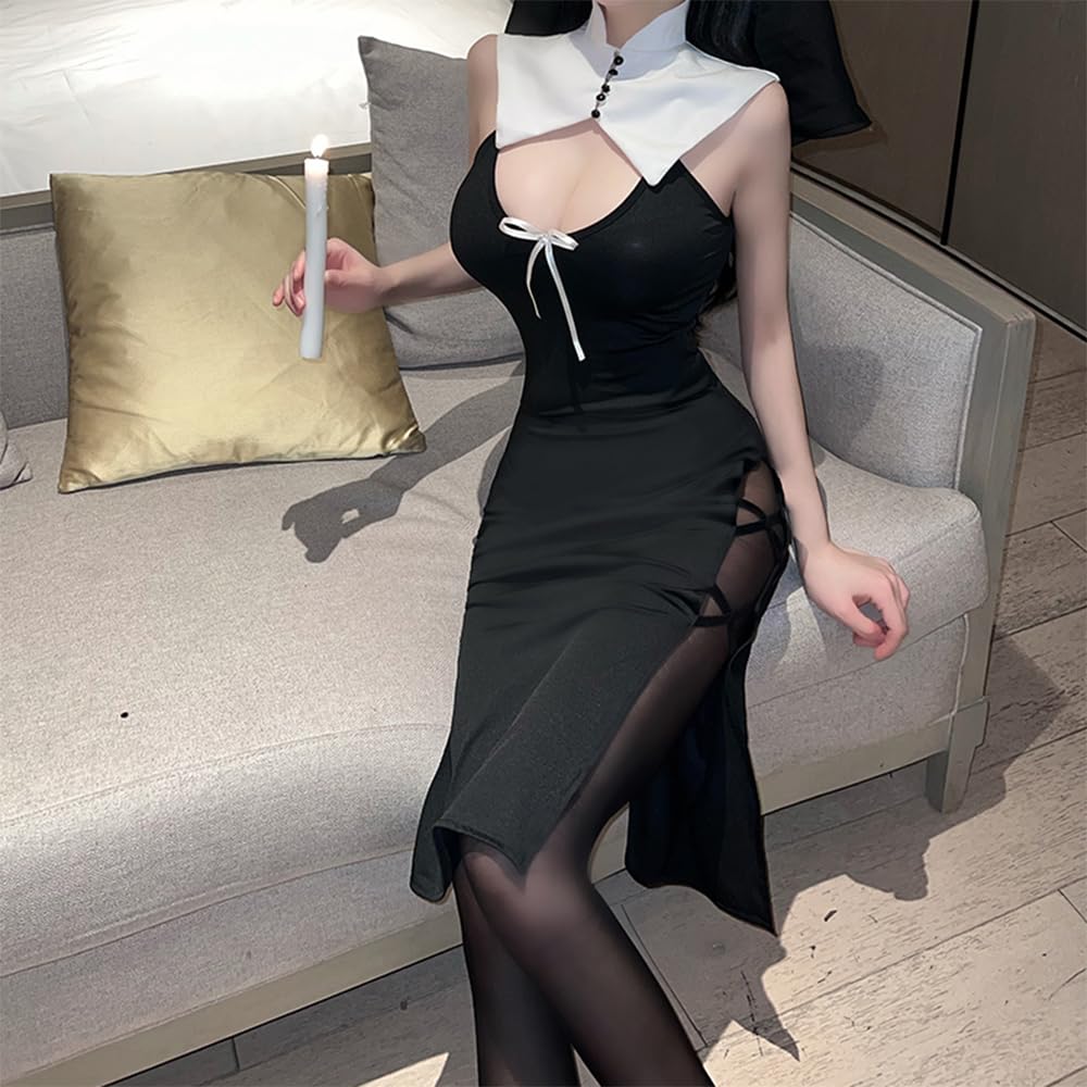 Temptshow Women's cosplay nun underwear mischievous anime maid high slit sexy dress
