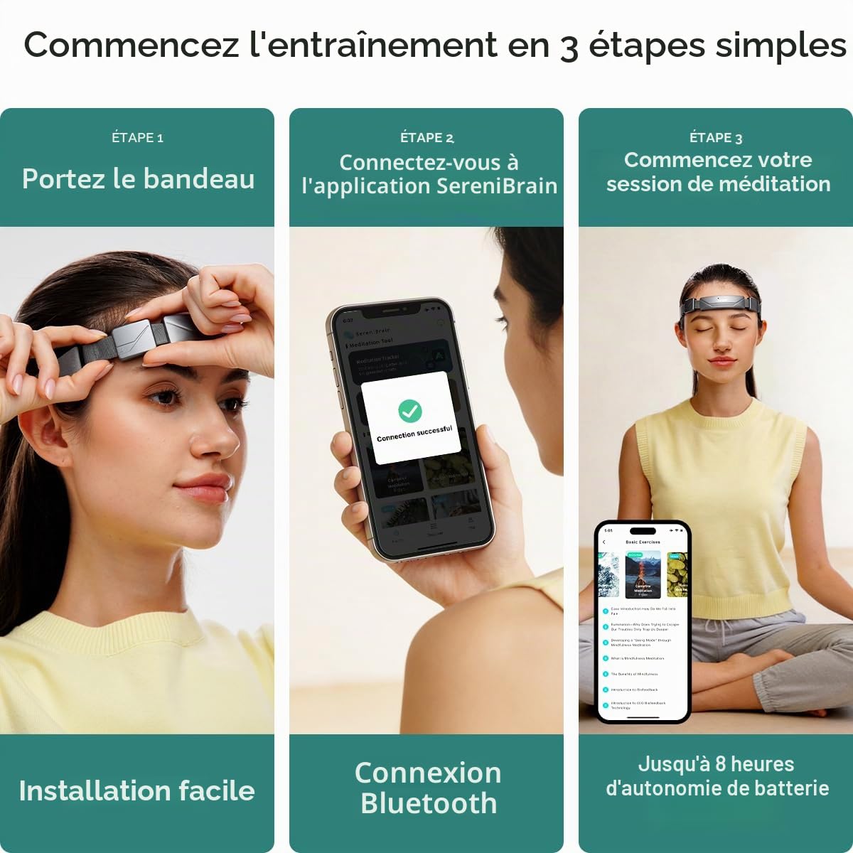 Bandeau de méditation, dispositif de neurofeedback EEG, retour audio et visuel en temps réel pour l'entraînement à la méditation | Suivi des ondes cérébrales Alpha, Beta, Gamma, Theta
