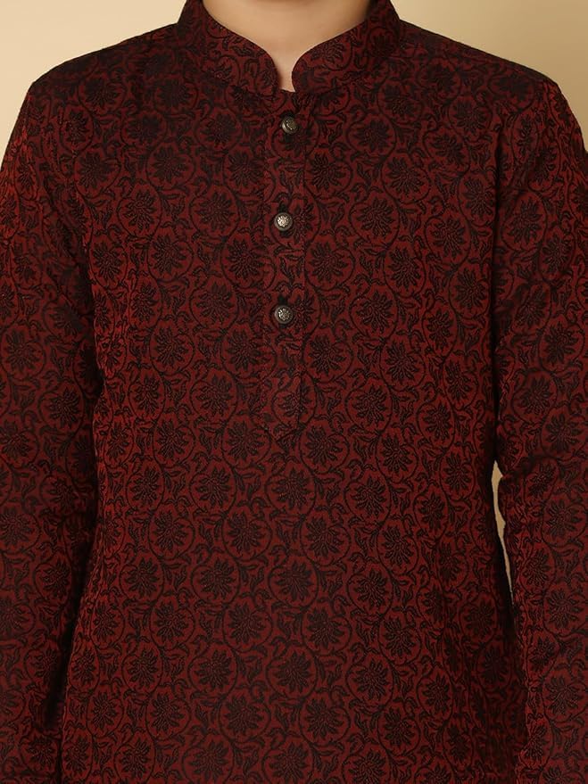 Kisah Kid's Jacquard Full Sleeves Regular Fit Knee Length Woven Maroon Kurta (3-4Y)