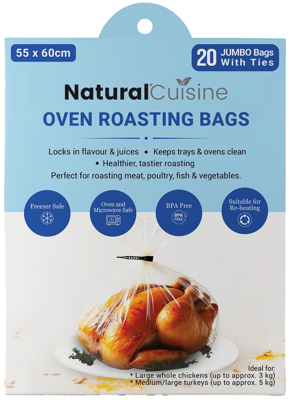 Natural Cuisine Clear Jumbo Oven Roasting Bags 55 X 60Cm – Pack Of 20 Large Bags With Ties – Bpa Free, Oven & Microwave Safe – Ideal For Turkey & Large Roasts