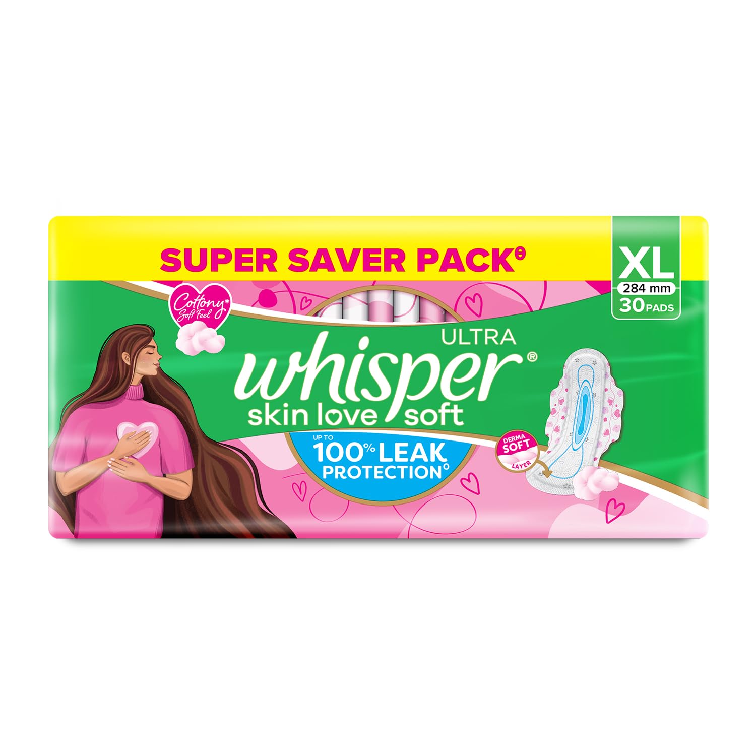 Whisper Ultra Soft Sanitary Pads for Women, XL, 30 Napkins (Pack of 1)