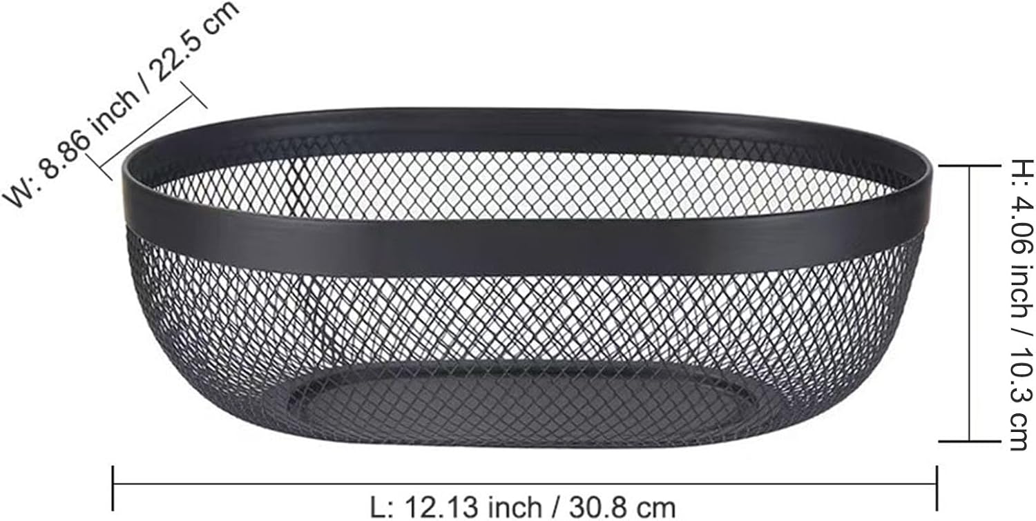 AJIODA Metal Mesh Steel Basket, Oval Metal Wire Storage Organizer Baskets Multi Functional Kitchen Baskets Countertop Fruit Baskets Garden Harvest Basket for Kitchen Picnic Decor Cabinet Home, Black image 2