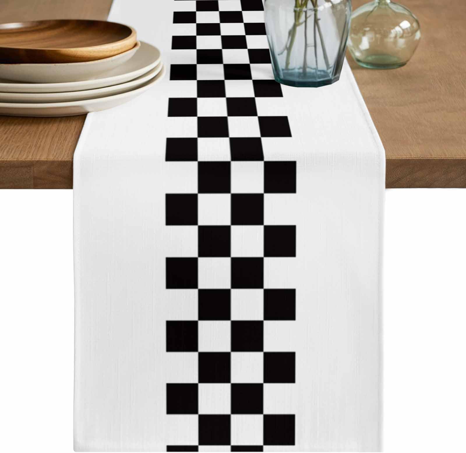 Rural Black and White Buffalo Lattice Checked Table Runner 70 Inches Long Gingham Linen Table Runner for Home Party Holiday Kitchen Dining Tables Decoration