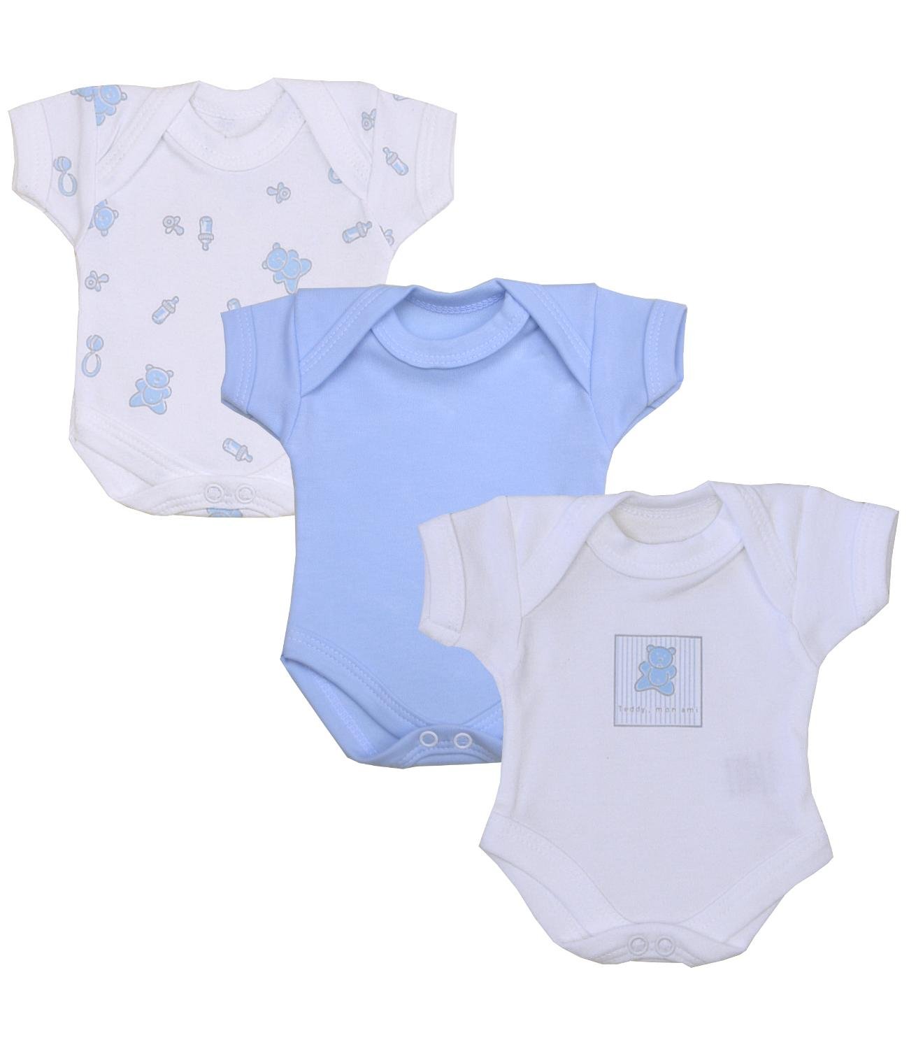 BabyPrem Baby Pack of 3 Boys Bodysuits Premature Clothes 0-7.5lb Blue Teddy P3