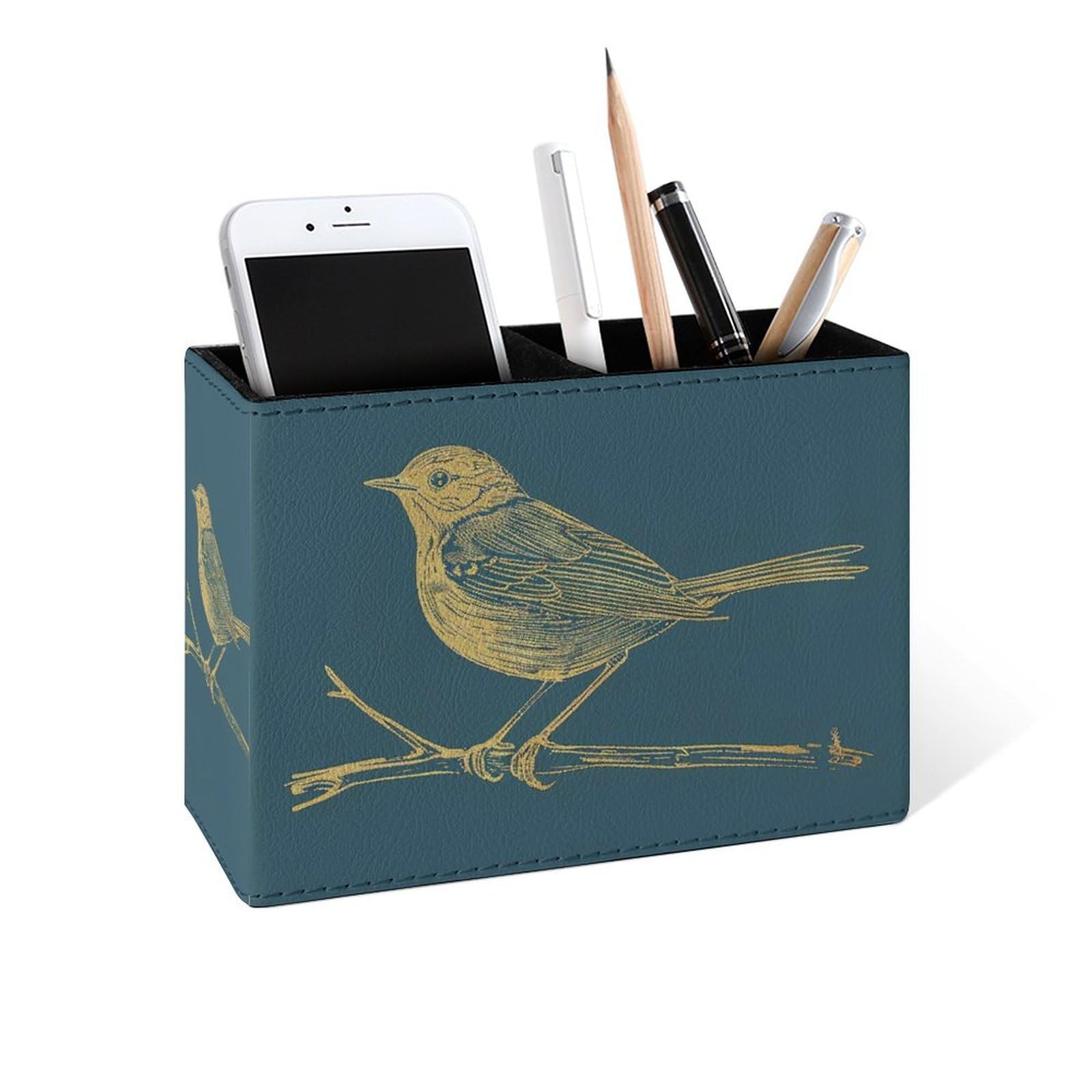 Famame Pot à crayons en cuir doré en forme d'oiseau sur branche pour bureau, bureau, maison