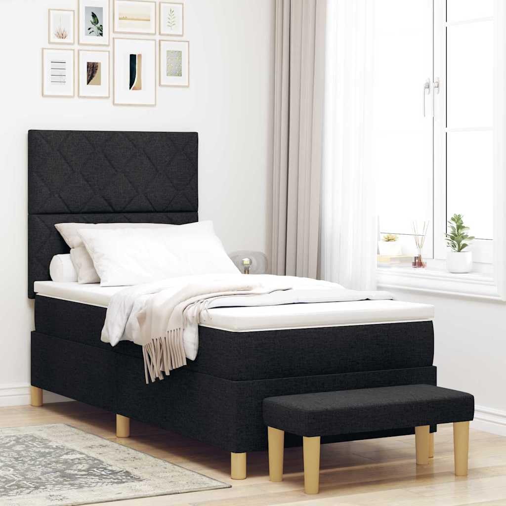 Lit à sommier tapissier avec matelas, noir, 90 x 200 cm, housse en tissu, lit simple, cadre en bois, ensemble complet pour chambre à coucher