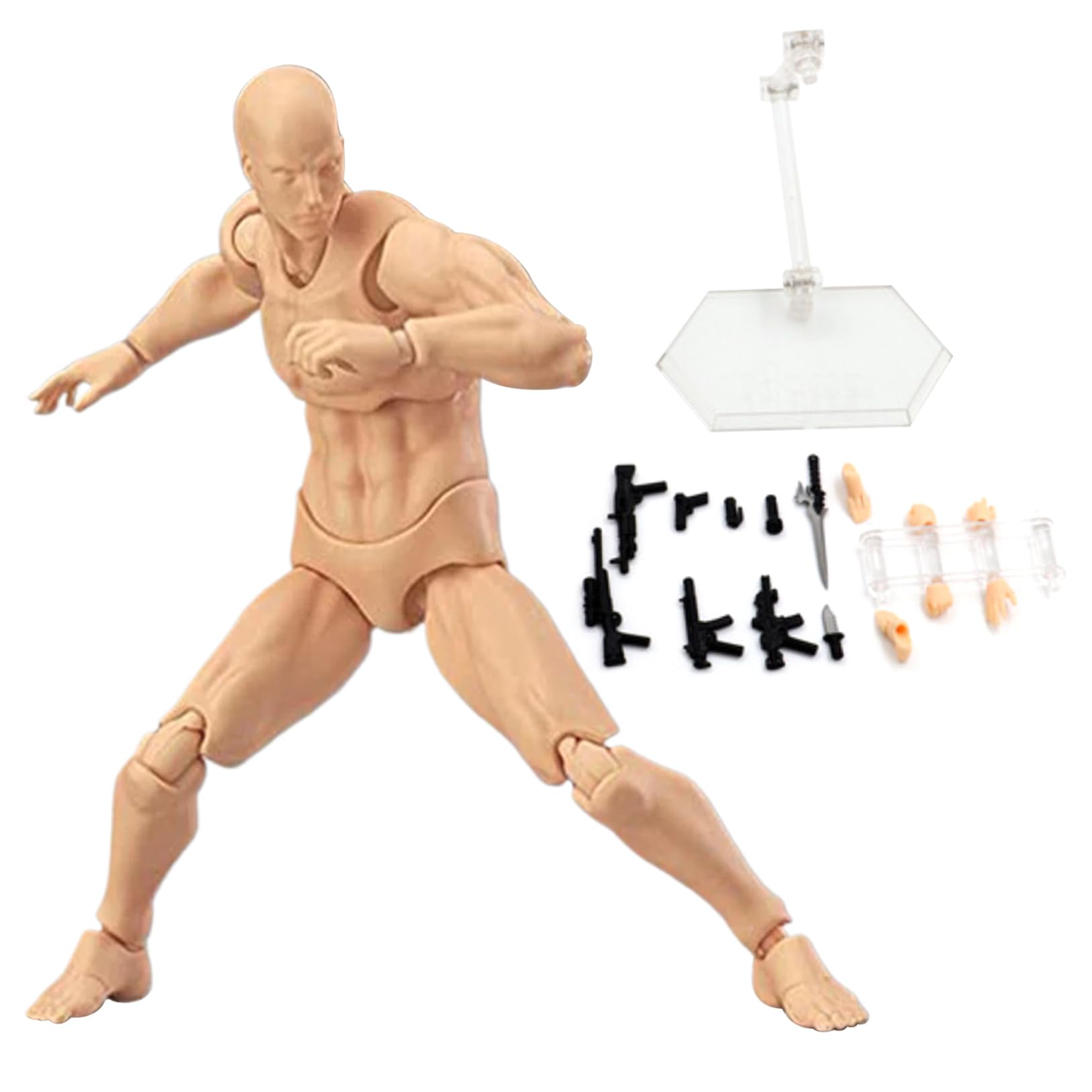 Poseable Action Figure Drawing Mannequin Lightweight Model with Stand & Accessories for Artists Sketching Painting, Male