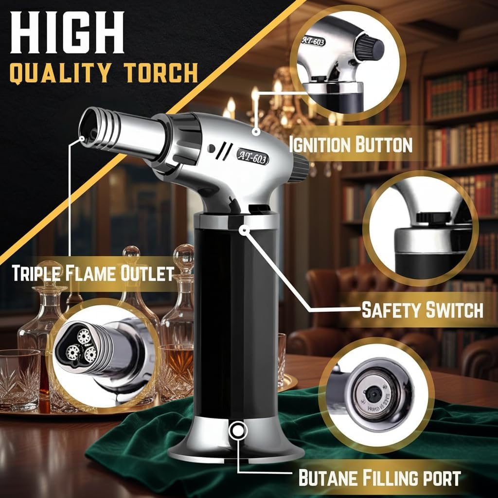 Whiskey Smoker Kit | Cocktail Smoker Kit| Bourbon Smoker Kit| Old Fashioned Smoker Kit with 3-Flame Torch, 6 Wood Chips & Gift Box for Smoking Drinks| Whiskey Gift for Men (No Butane Incl.)
