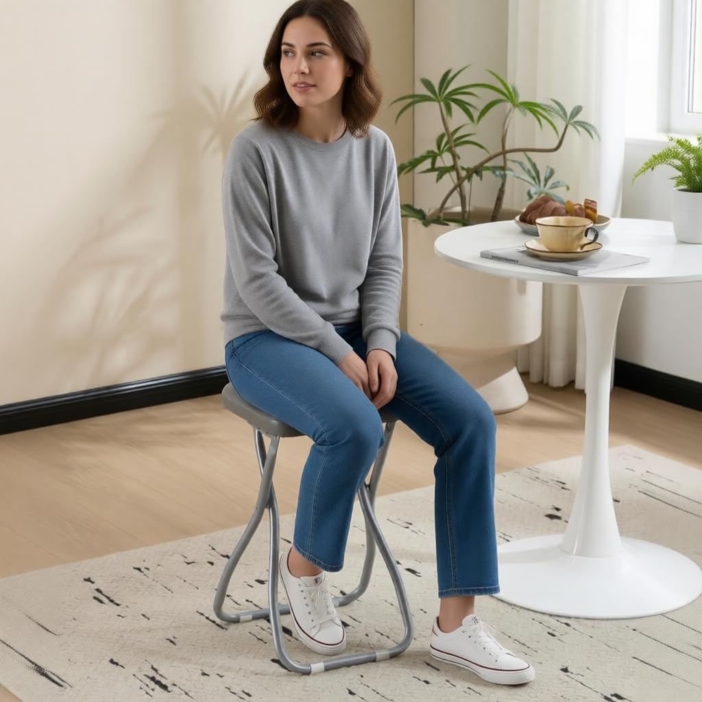Balama Sgabello di design, altezza seduta 50 cm, metallo grigio pieghevole, imbottito con blocco di sicurezza, guida per pavimento e robusta ecopelle