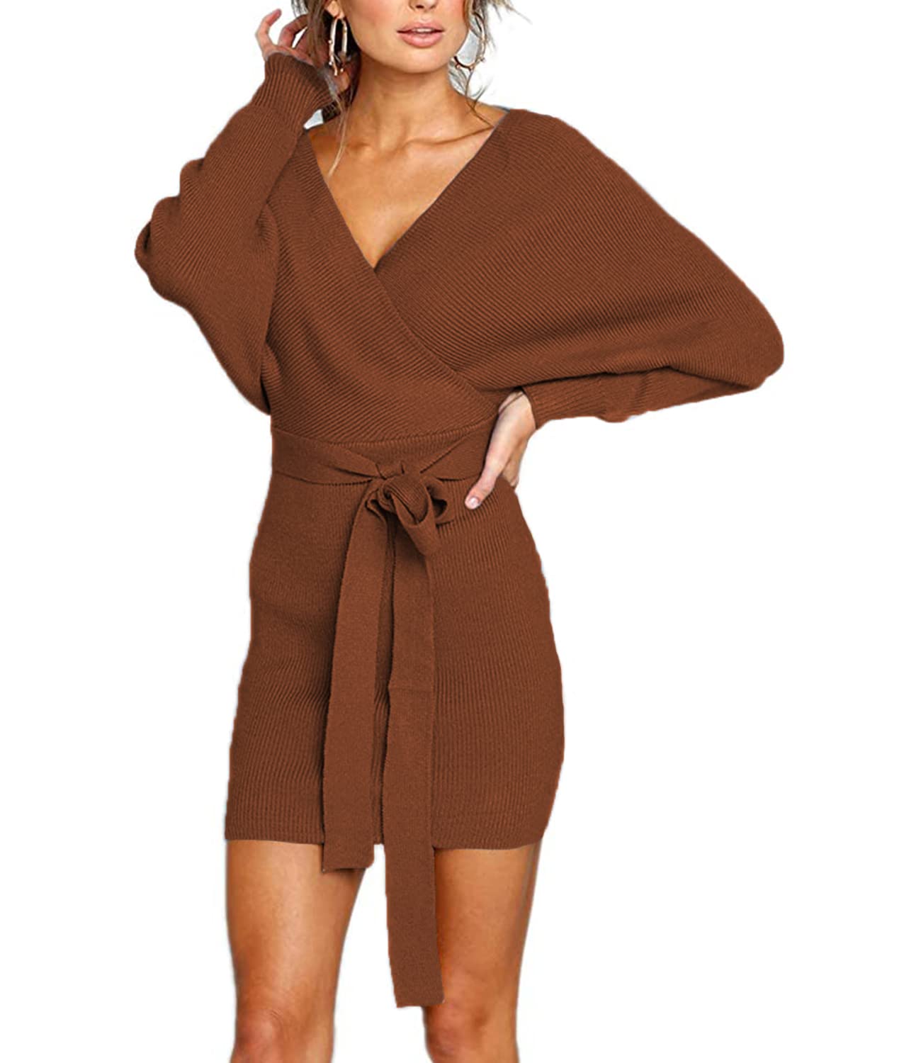 Mansy Women's Sexy Cocktail Batwing Long Sleeve Backless Mock Wrap Knit Sweater Mini Dress