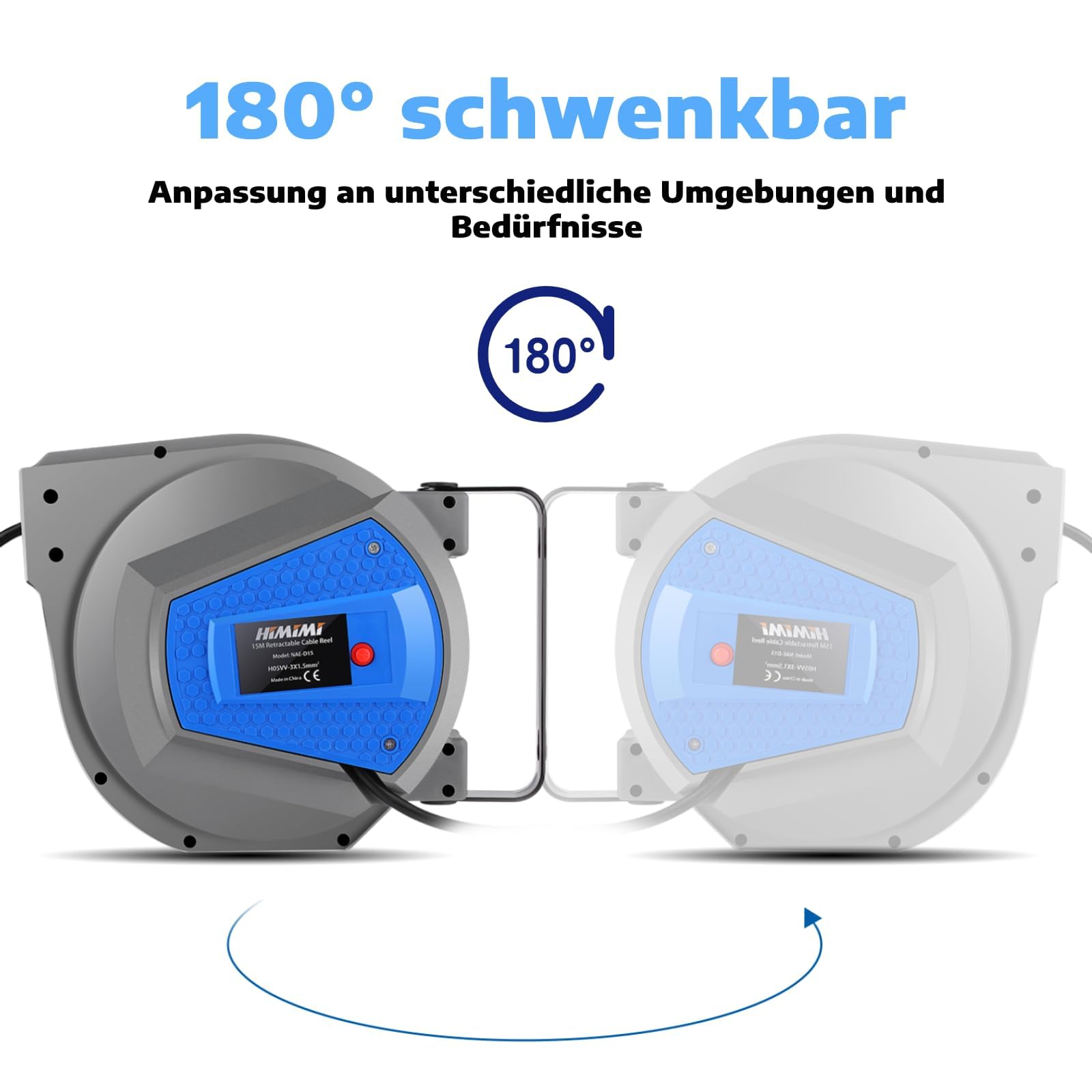 Himimi Avvolgicavo automatico 15 m + 1 m | 180° montaggio a parete | Automatic Cable Reel 1500 W ~ 3000 W | Adatto per esterni, garage, campeggio, protezione da sovraccarico