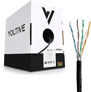 Voltive Cat5e Shielded Ethernet Cable, Riser (CMR), Black, 1000ft - 24AWG 4 Pair Solid Bare Copper, FTP, 350MHz, UL Certified & ETL Verified - V-1227-6